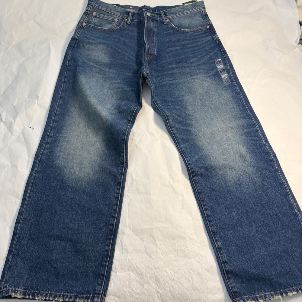 GAP 90s Loose Fit Faded Whiskering Jeans Mens‎ Size 36x32 Blue Denim Button Fly